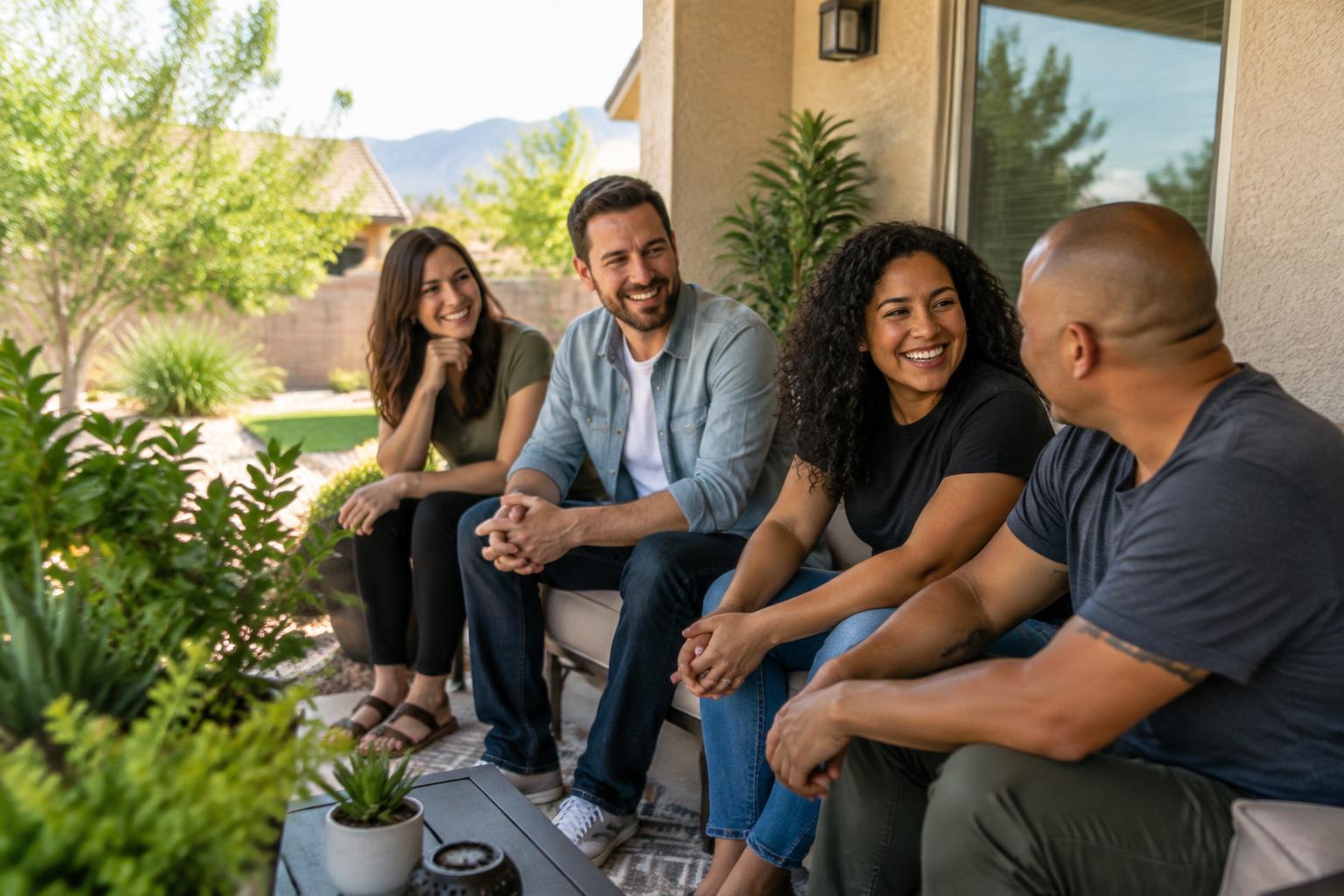 Friends connecting on a sunny home patio, illustrative community photograph