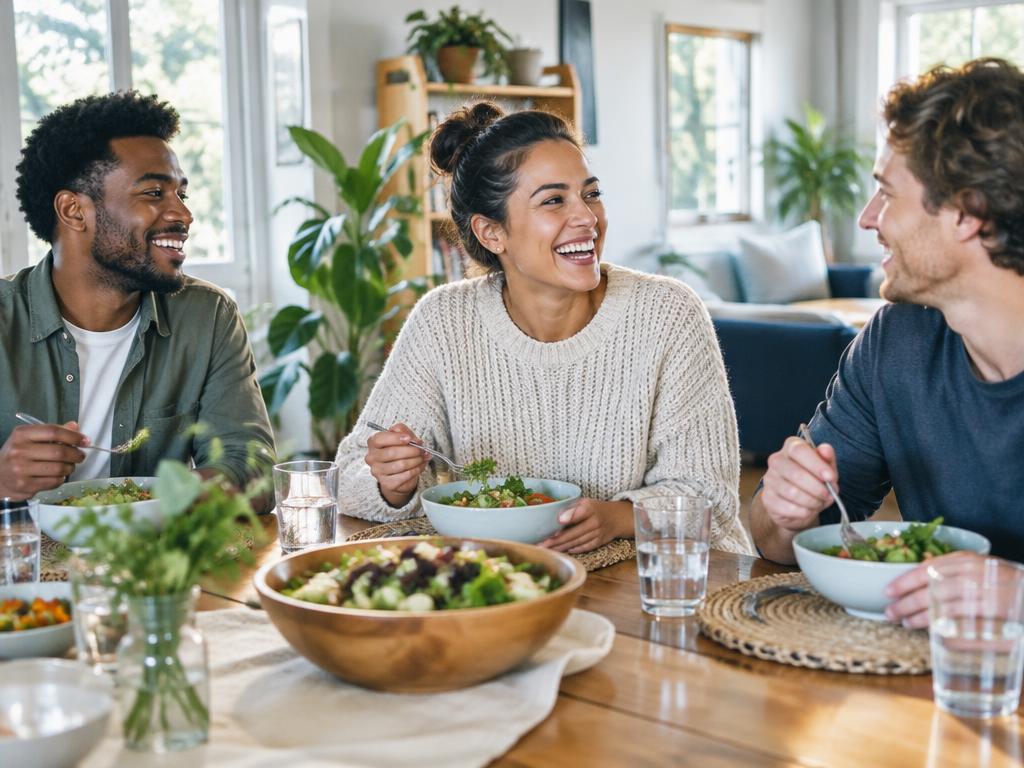 Illustrative photograph of friends sharing a meal in a welcoming home